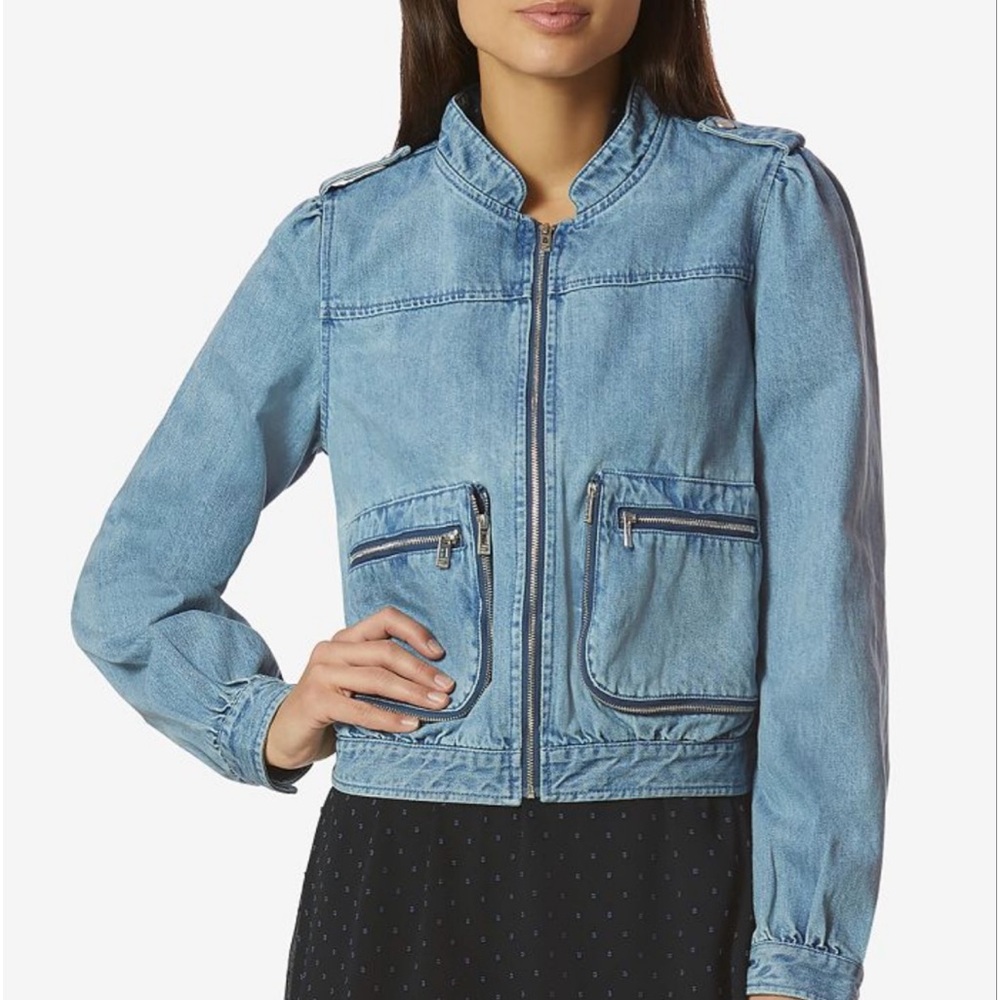 Avec Les Filles Size Small Light Blue Acid Wash Denim Overalls Bomber Jacket S
